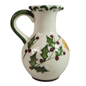 Christmas Creamer Pitcher Holly Cream Green 5" Handle Holiday Berries Ceramic